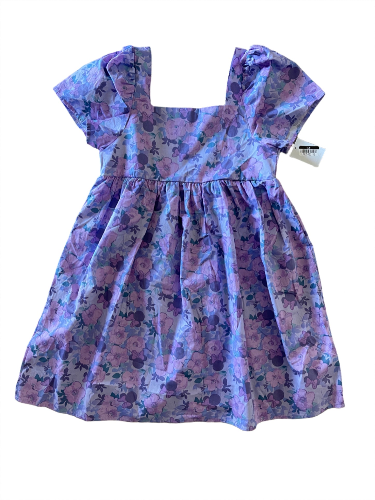 Girls'Minnie Mouse Cotton Puff Sleeve Dress - Lavender Disney Character Print, Tween & Child Size, Poplin Fabric, Square Neck, Knee Length